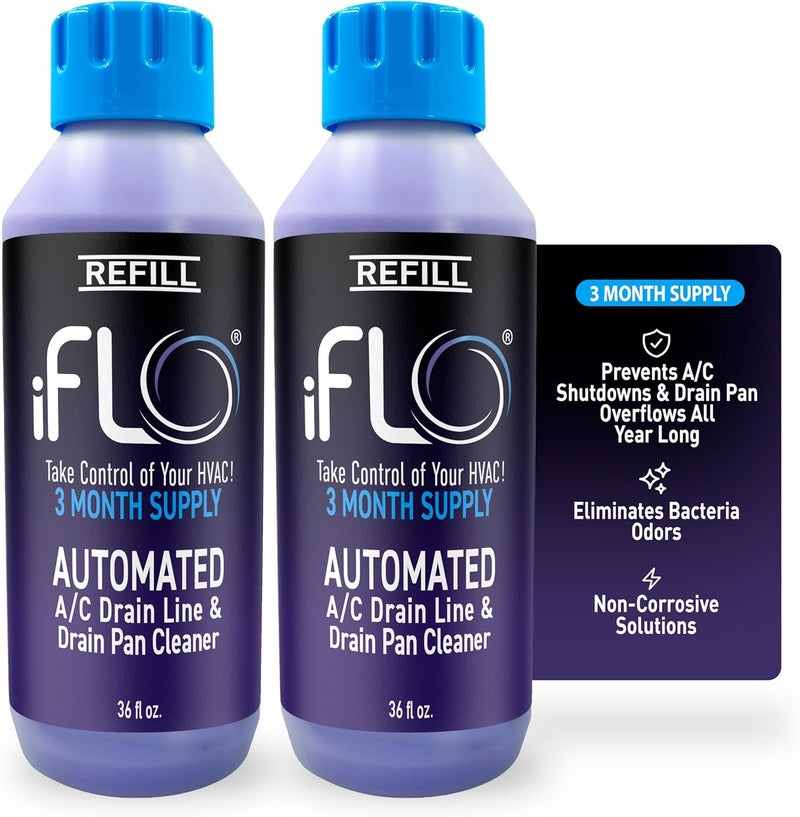 iFLO ® Smart A/C Drain Line Cleaner and Drain Pan Cleaner Cartridge, Fast-Acting, Long-Lasting HVAC System Solution for Tough Clogs & Buildup, 3-Month Supply per Bottle, 2 Pack of 36oz - Image 1